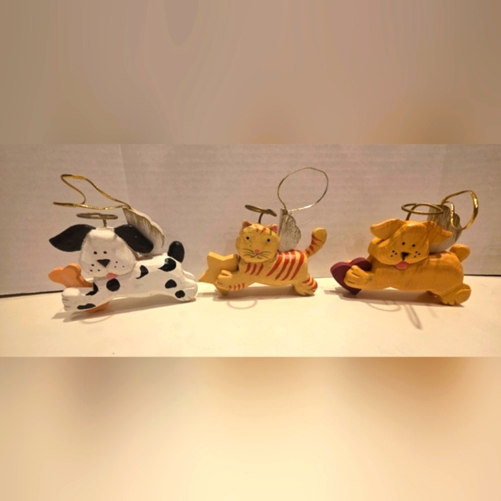 Set of 3 Vintage Wood Folk Art Angel Cat & Dog Christmas Ornaments